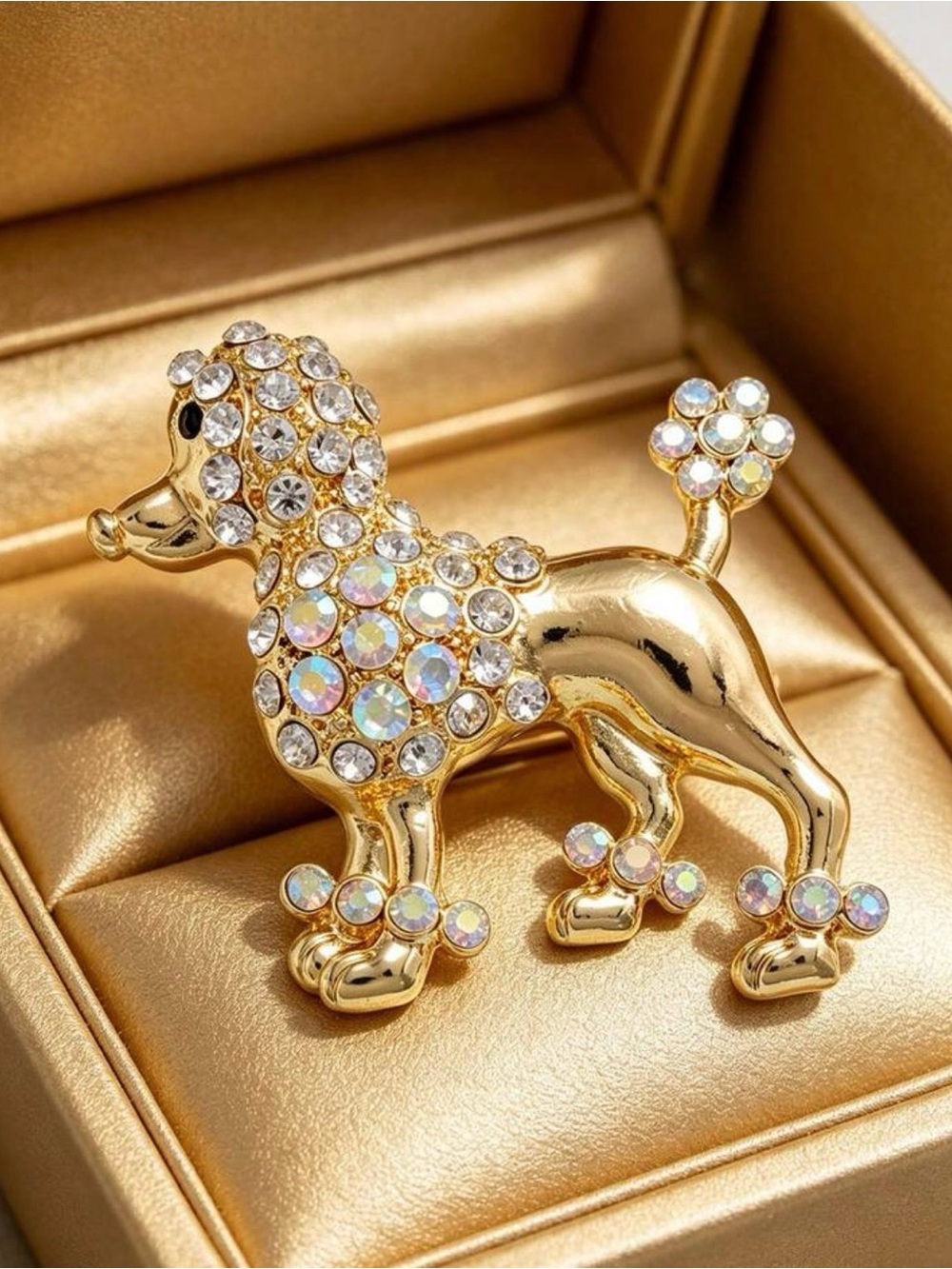Gold Poodle Dog Brooch with Clear Crystal Accents